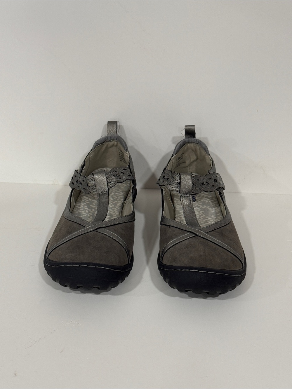 JBU Gray Suede Mary Jane Flats with Metallic Strap Detail. Size 7.5